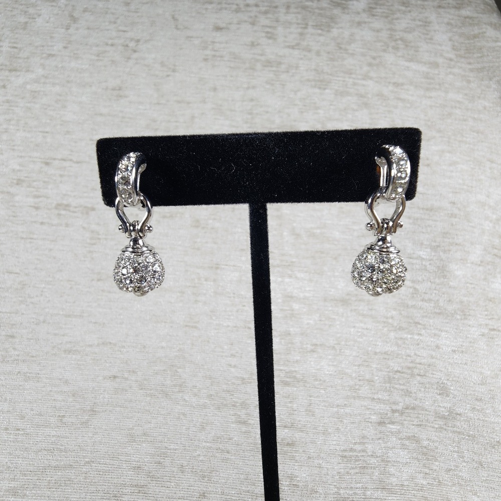 Vintage Rhinestone Crystal Ball Clip On Earrings Silver Tone 1" Romantic Chic